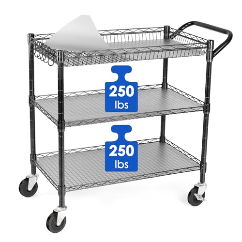 750lb Capacity Heavy Duty 3-Tier Wire Utility Cart with Wheels - Black