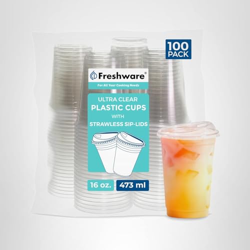 Freshware 16 oz Clear Disposable Plastic Cups with Strawless Sip Lids, 100 Pack Clear Plastic Tumblers, Heavy-duty Party Glasses, Disposable Cup for Thanksgiving, Halloween, Christmas Party