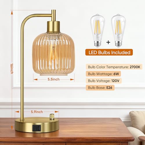Dimmable Champagne Glass Table Lamps Set of 2 with USB Ports - Gold & Champagne Variation