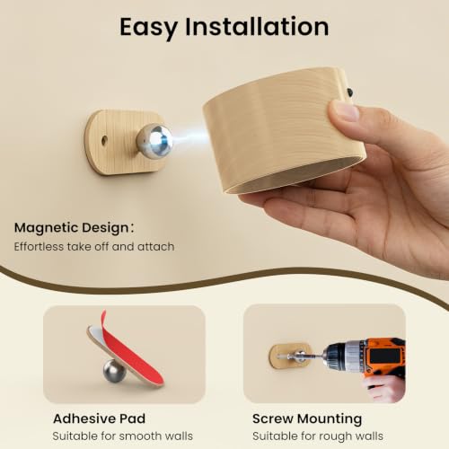 Rechargeable LED Wall Sconce with Remote - Wood Grain, 3 Brightness Levels, 360° Swivel - Wood-C