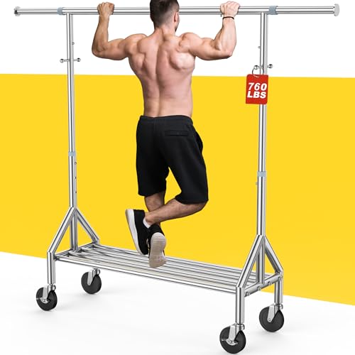 Silver Stainless Steel Clothing Rack - Heavy Duty Extendable Garment Stand with Shelves - Load 760LBS