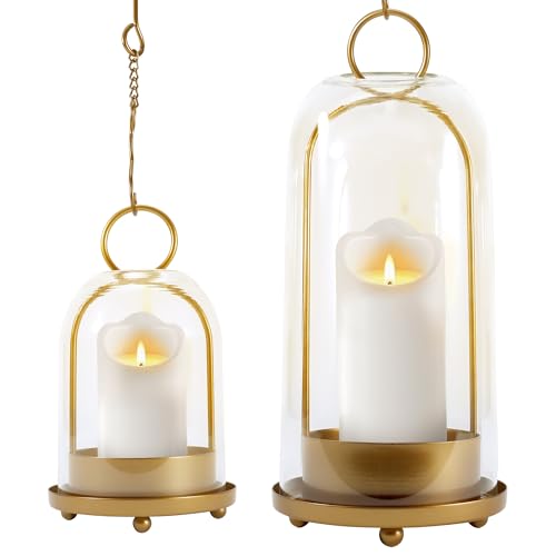 Gold Large & Medium Hurricane Glass Candle Holders with Chains - Vintage Brass Lanterns Set