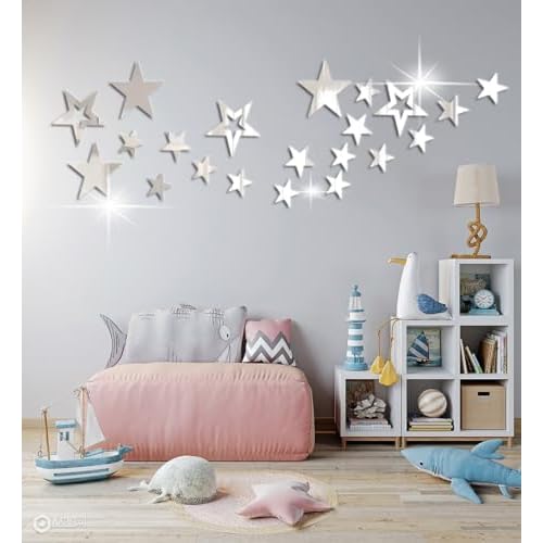 aooyaoo 26pcs Stars Acrylic Mirror Wall Stickers, 4 Sizes, Silver Stars, Stickers with Adhesive, Art Decal, 3D Wall Decorations for Baby Kids Bedroom Home DIY Decor