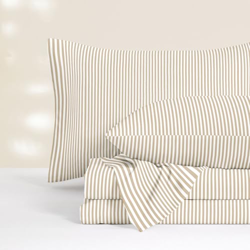Wake In Cloud Queen Size Striped Bed Sheets Set - Light Brown & White Farmhouse Bedding