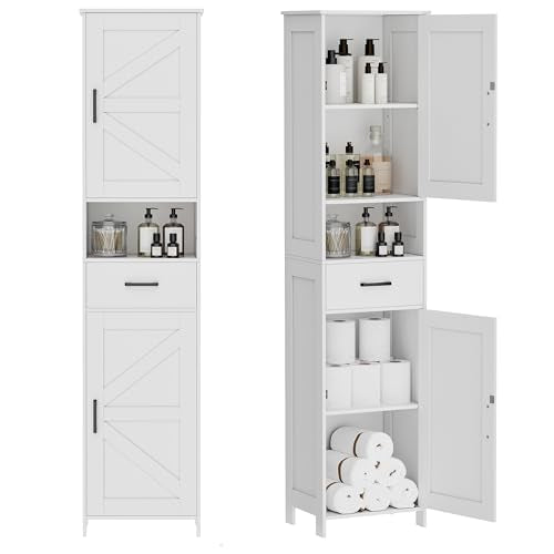 Homhedy 67-Inch Tall Bathroom Storage Cabinet with Barn Doors, Drawer, White - Reversible Door