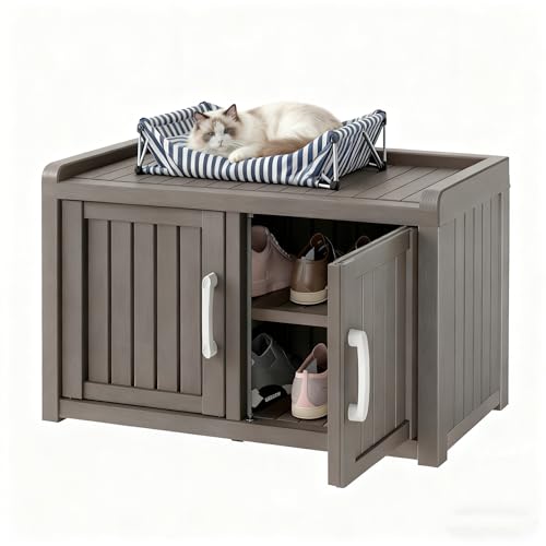 Outdoor Shoe Storage Cabinet Waterproof Resin Bench with 2 Doors & Adjustable Shelves