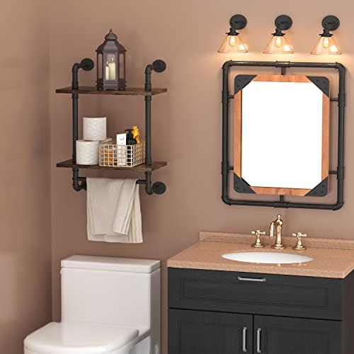 Brown 16-Inch Industrial Pipe Floating Bathroom Shelf with Towel Bar - Rustic Wall Storage