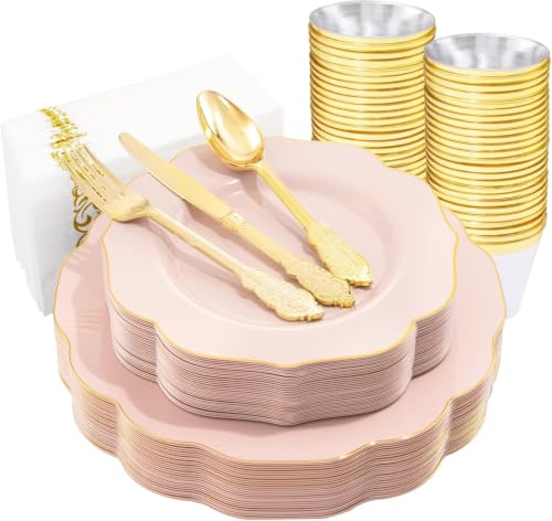 Pink 175-Piece Disposable Party Set with Gold Cutlery & Napkins - 25 Guests