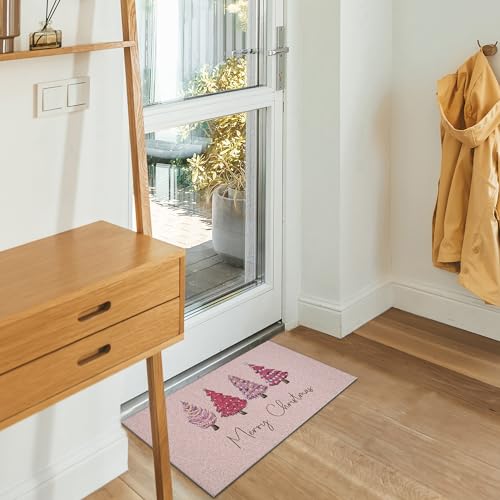 Nogrit Pink Christmas Tree Decor Floor Mat 17x30 Inch Anti-slip PVC Holiday Entryway