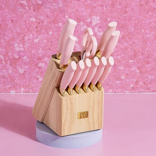 Pink 12-Piece Kitchen Knife Set with Block - High-Carbon Stainless Steel Cutlery