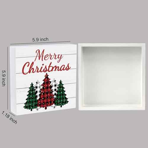 Christmas Table Decorations Christmas Decor Indoor Home Room Buffalo Plaid Tree Office Bathroom Wood Box Sign Rustic Wooden Shelf Desk Decor Season Sign House Warming Gifts 5.9 x 5.9 Inch
