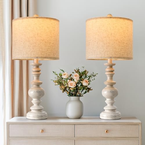 Farmhouse Resin Table Lamp Set of 2 - Antique White, 24-Inch Vintage Lamps with Linen Shades for Living Room & Bedroom