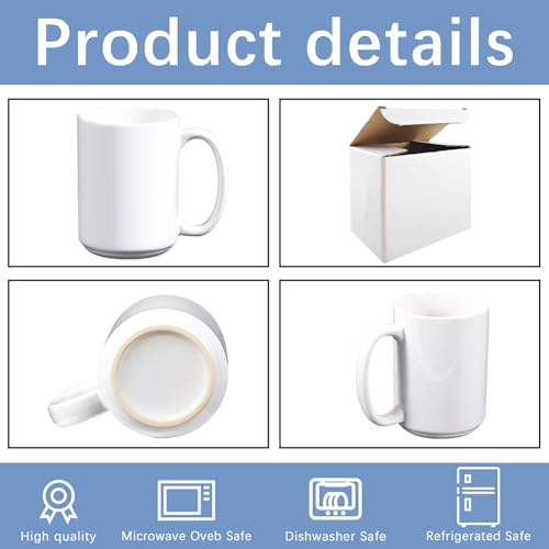 15 Pack 15oz Sublimation Mugs with Boxes - White Coffee Cups for Custom Printing