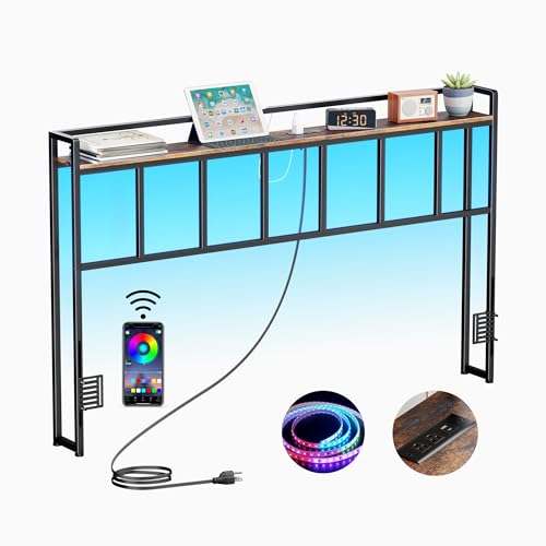 Queen Size Headboard with LED Lights USB Outlets & Storage Rack - Rustic Brown, Metal Frame