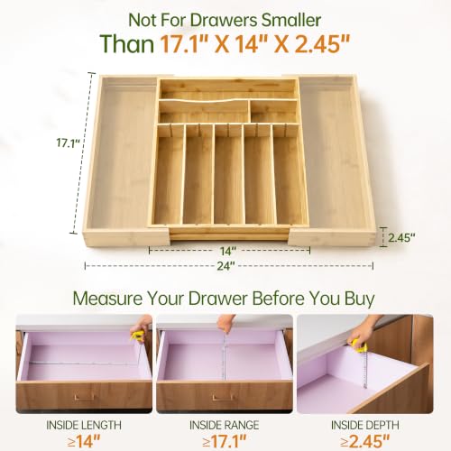 Fyctio Natural Bamboo Expandable Silverware Drawer Organizer with Removable Knife Block