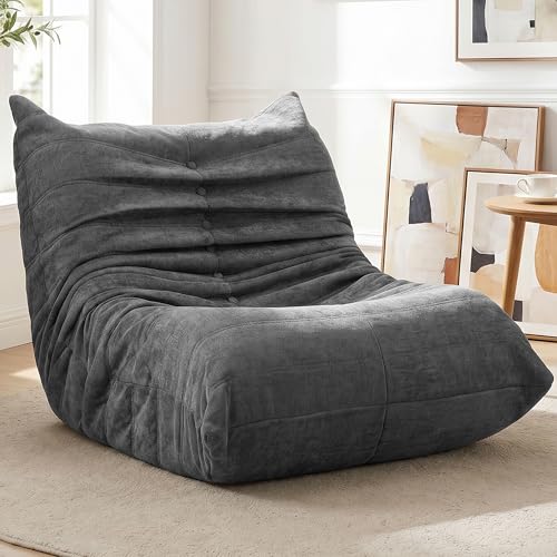 Grey Faux Fur Bean Bag Sofa Chair with Memory Foam - Floor Lounger for Living Room & Bedroom