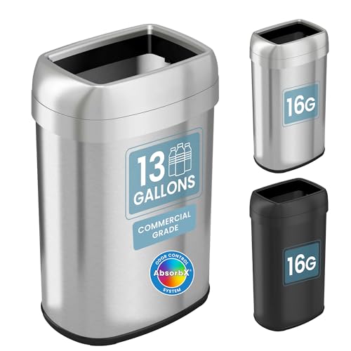 Silver 13 Gallon Open Top Trash Can - Oval Stainless Steel Waste Bin with Odor Filters