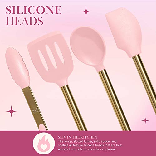 Paris Hilton 7-Piece Kitchen Utensil Set with Silicone Tools & Stainless Steel Crock, Pink & Gold