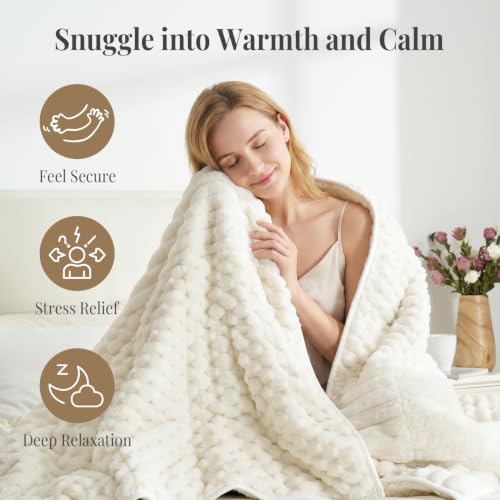 Queen Size 60x80 Weighted Blanket 15lbs Cream White Sherpa Fleece - Deep Sleep Comfort