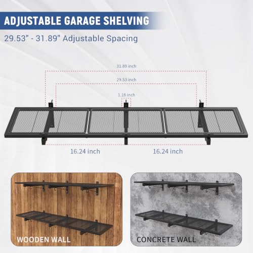 Riciakik 2 Pack Heavy Duty Garage Wall Shelves 46x12.5inch with 8 Hooks, Max Load 320LBS