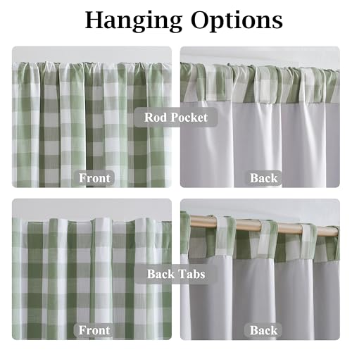 84 Inch Sage Green Buffalo Plaid Blackout Curtains - Pack of 2, 40"W x 84"L
