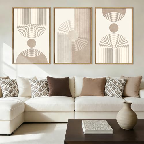BINCUE Beige Neutral Geometric Canvas Wall Art Set of 3 16x24 Inches Mid-Century Modern Decor