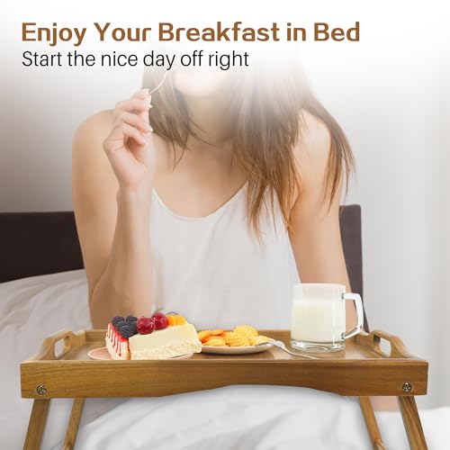 Large Acacia Bed Tray Table with Foldable Legs for Breakfast, Reading, and Laptop Use