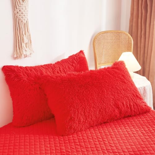 HAIHUA Red Queen Plush Faux Fur Comforter Cover Set with Pillowcases