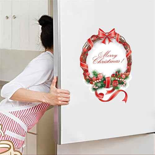 Merry Christmas Wreath Wall Sticker,Peel and Stick Removable Pine Branch Red Ribbon Christmas Wreath Decal for Door Wall Window Refrigerator Party Decoration