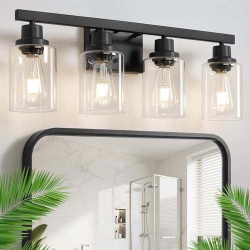 DIKAIDA Black 4-Light Bathroom Vanity Light Modern Matte Black Wall Sconce with Clear Glass Shades