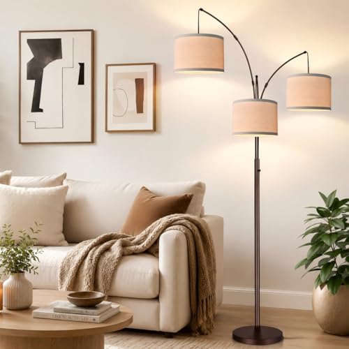 Nintiue Dimmable Arc Floor Lamp with Beige Linen Shades - Brown, 3 Lights, Tall Modern Standing Lamp for Living Room & Bedroom