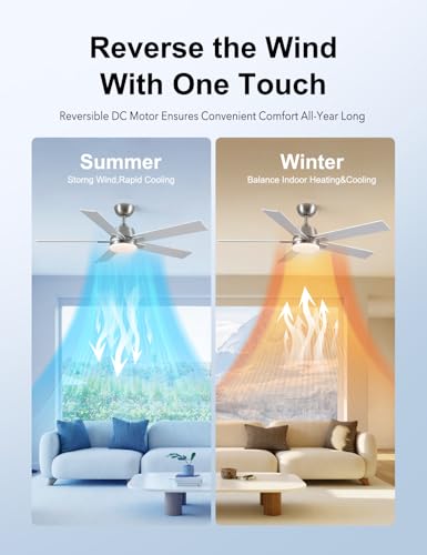 52 Inch Ceiling Fan with Lights and Remote - Nickel Finish, Downrod Mount, Reversible Blades