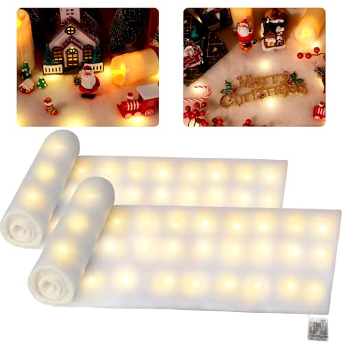 Hatisan White 2-Pack LED Snow Blankets with 100 Warm White String Lights, 70x17.7 Inches Christmas Indoor Outdoor Decor