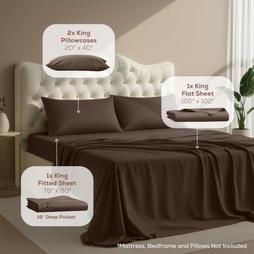 King Sheets Set 4 Pieces Deep Pocket Microfiber Bed Sheets - Brown - King