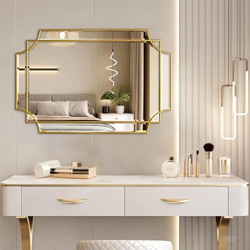 HQiJun 30x20 Inch Gold Wall Mirror with Wooden Frame — Beveled Irregular Rectangle Design for Bedroom & Living Room