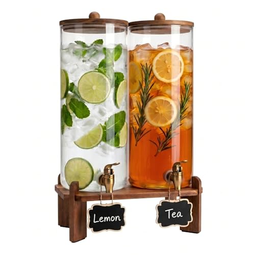 2 Gallon Glass Drink Dispenser Set with Spigot & Acacia Wood Stand - Double Pack