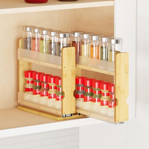 SpaceAid Bamboo Pull Out Spice Rack Organizer for Cabinet - 5.1" Wide, 2-Tier, 2 Drawers Natural