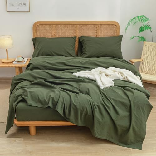 Queen Size Washed Cotton Linen Feel Sheet Set - Olive Green, 4 Pieces