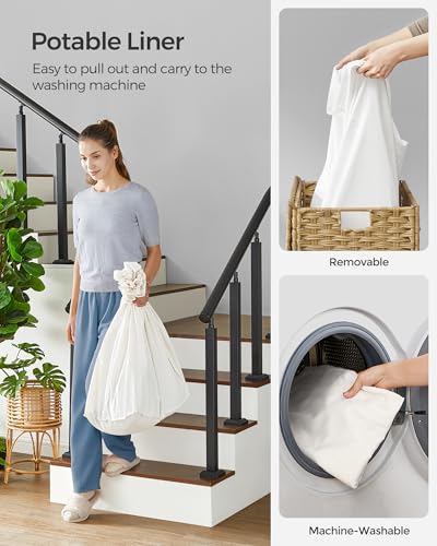 SONGMICS 140L Natural Synthetic Rattan Rolling Laundry Hamper with Lid & 3 Sections