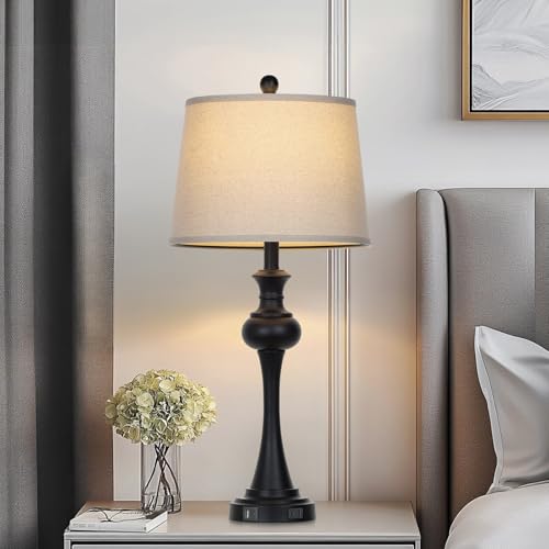Black Set of 2 Bedside Table Lamps with USB Ports, 29 Inch Modern Reading Lamps