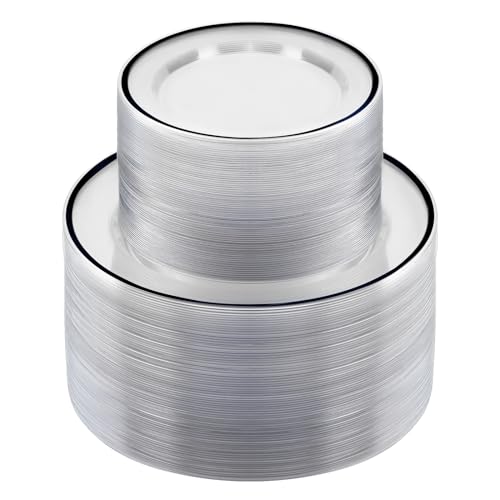 BESTSTAR 200pcs Black and Clear Plastic Disposable Plates Set - Food-Grade & Elegant