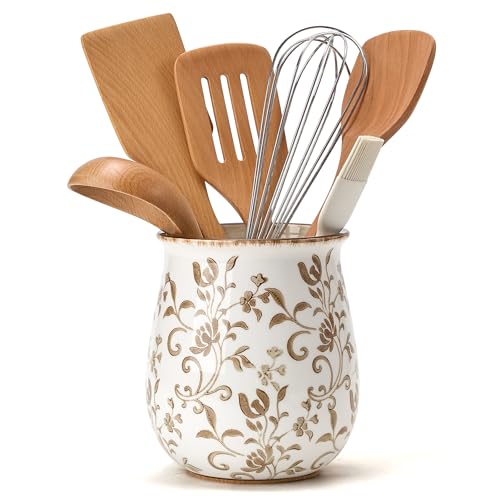 Jemirry Ceramic Utensil Holder for Kitchen Counter with Brown Flower Patterns - Farmhouse Decor