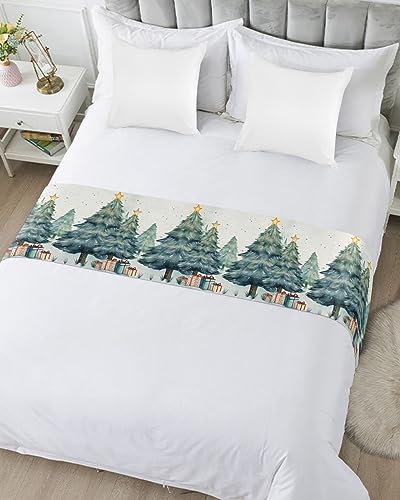 83 x 20 Inch Queen Bed Runner Christmas Tree Decor Satin Bed Scarf for Hotel & Home