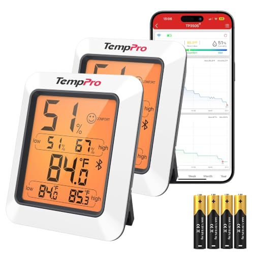 TempPro Bluetooth Hygrometer Thermometer for Greenhouse Up to 260ft - App Control, Data Export, High Accuracy, Backlit Display, 2-Pack