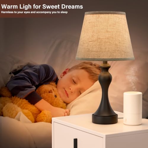 Beige Shade & Black Base Touch Nightstand Lamps Set of 2 with USB-C & A Ports
