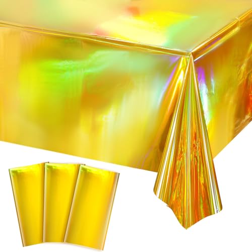 3 Pack Gold Disposable Tablecloths 54 x 108 in Shiny PET Plastic Party Covers