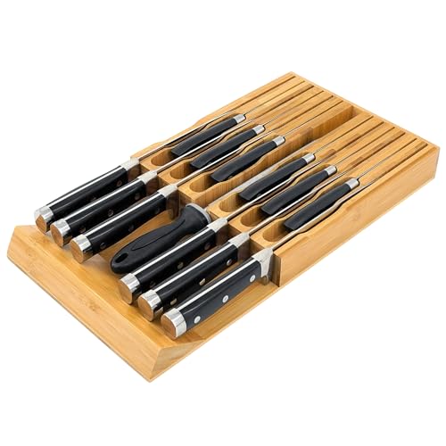 12 Slot Bamboo Knife Drawer Organizer - Universal Kitchen Knife Block with Sharpener Slot