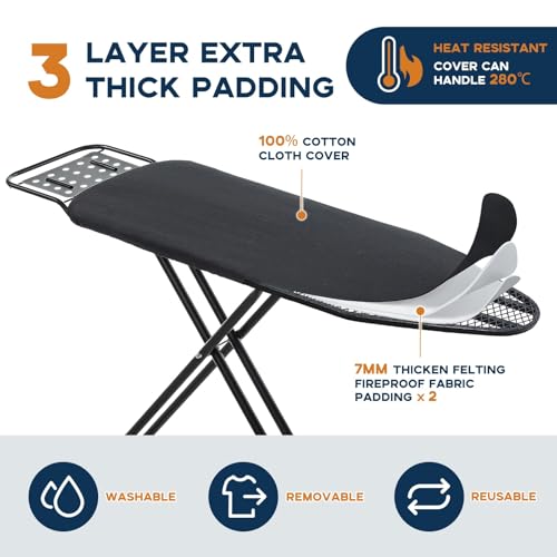 RAINHOL Black Full Size Adjustable Ironing Board 54x13 inches with Steel Frame and Cotton Cover