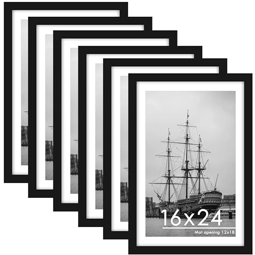 PEALSN 16x24 Picture Frame Set of 6, Display Poster 12 x 18 with Mat or 16 x 24 Without Mat for Wall Mounting Display, Photo Frames Collage for Wall Decor. Black
