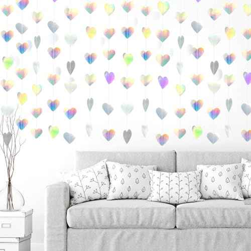 52 Feet Love-Heart Garland Shiny Iridescent Heart Streamers Holographic Paper Garland for Valentines Day Birthday Wedding Engagement Bridal Shower Bachelorette Winter Christmas Decoration